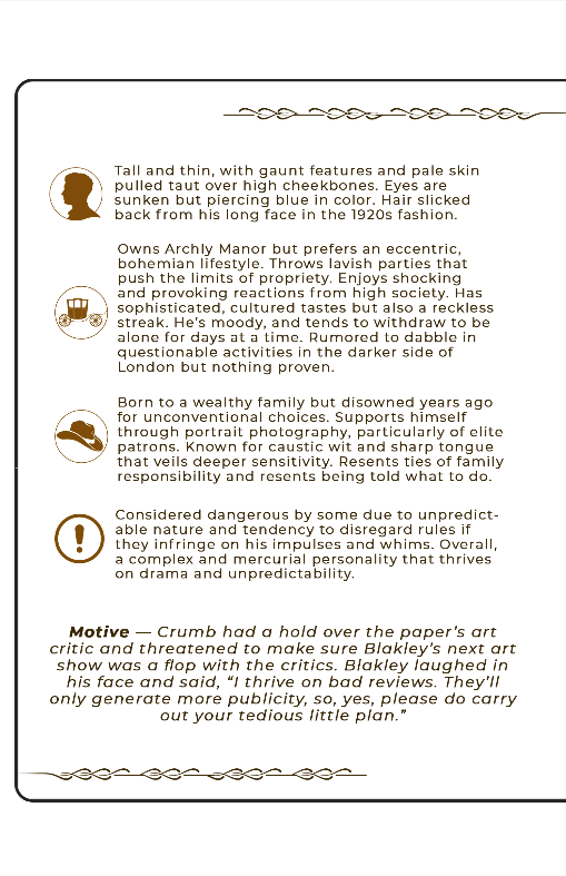 Sample Character Card from Death by Croquet Mallet Murder Mystery Game at Archly Manor by Sara Rosett